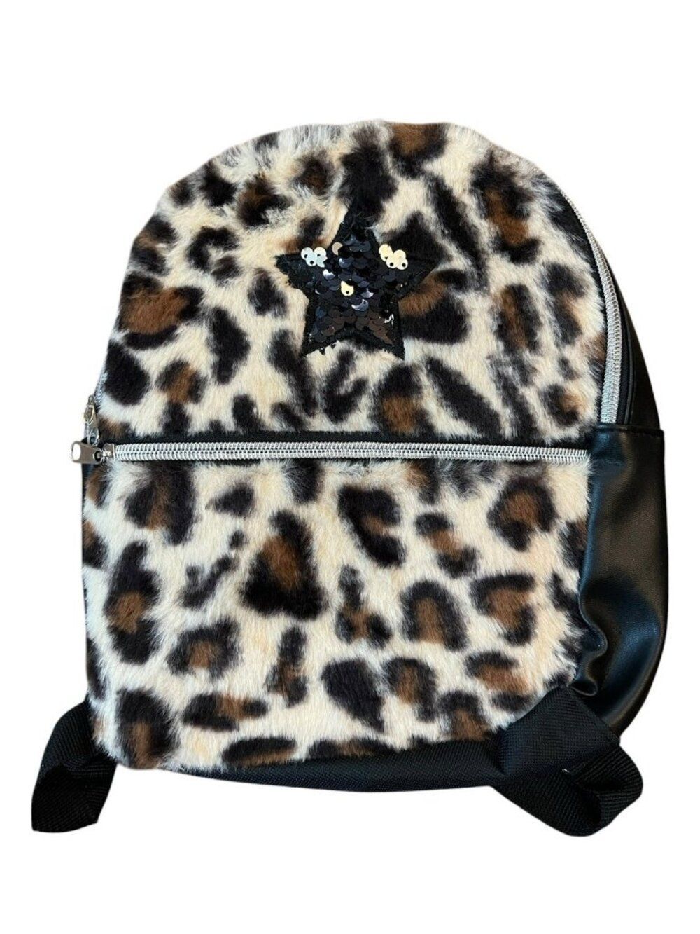 Childrens Little Girls Small Black Backpack Sequin Star Cheetah Print Plush NWT